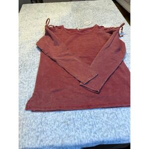 Poof Womens Long Sleeve Tie Shoulder Washed Red Casual Top medium NWT